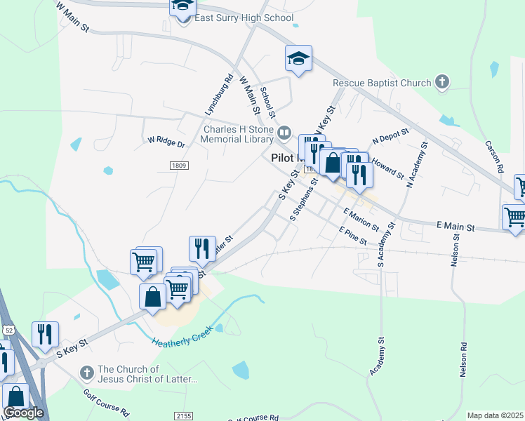 map of restaurants, bars, coffee shops, grocery stores, and more near 402 Butler Street in Pilot Mountain