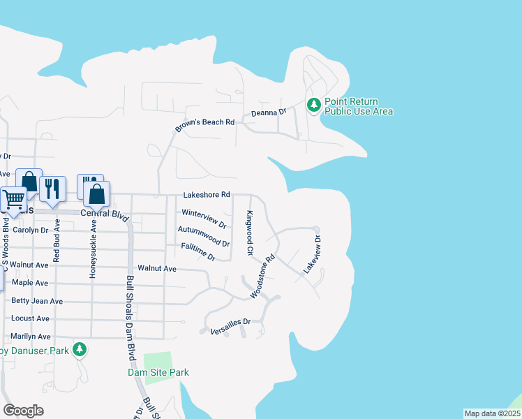 map of restaurants, bars, coffee shops, grocery stores, and more near 115 Woodstone Road in Bull Shoals