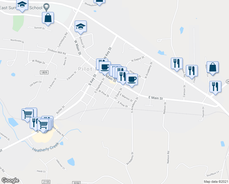 map of restaurants, bars, coffee shops, grocery stores, and more near 200 South Depot Street in Pilot Mountain