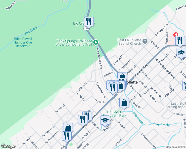 map of restaurants, bars, coffee shops, grocery stores, and more near 127 West Iron Street in LaFollette