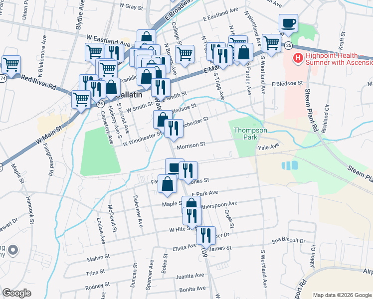 map of restaurants, bars, coffee shops, grocery stores, and more near 133 Morrison Street in Gallatin