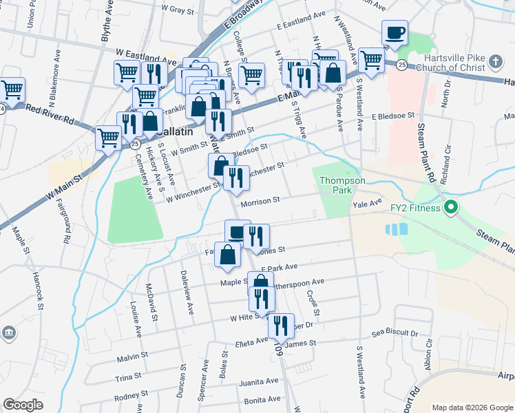 map of restaurants, bars, coffee shops, grocery stores, and more near 136 Morrison Street in Gallatin