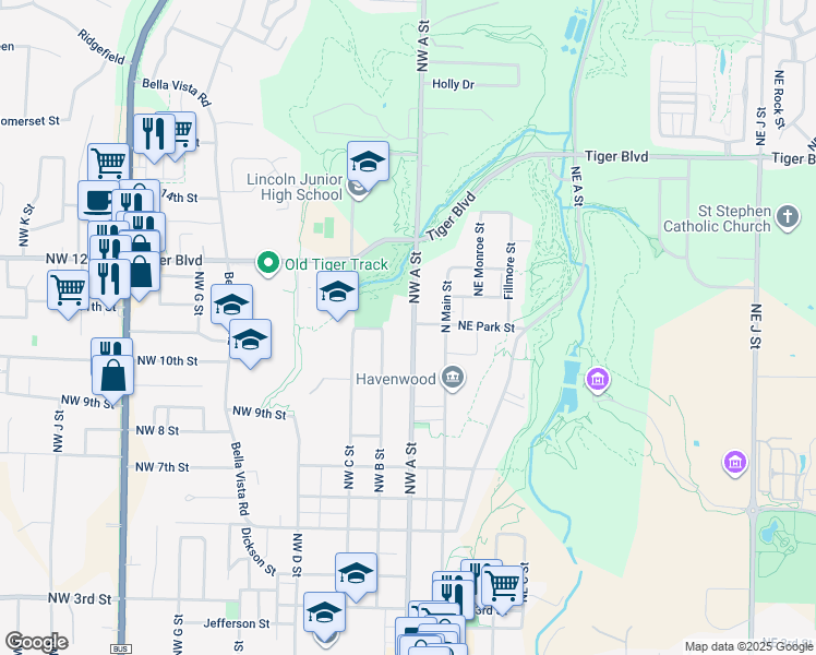 map of restaurants, bars, coffee shops, grocery stores, and more near 912 Northwest B Street in Bentonville