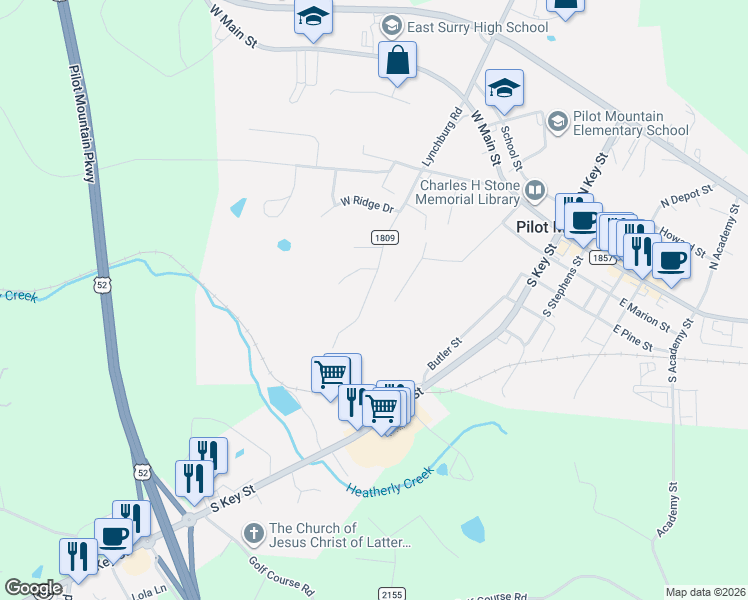 map of restaurants, bars, coffee shops, grocery stores, and more near 514 Lynchburg Road in Pilot Mountain