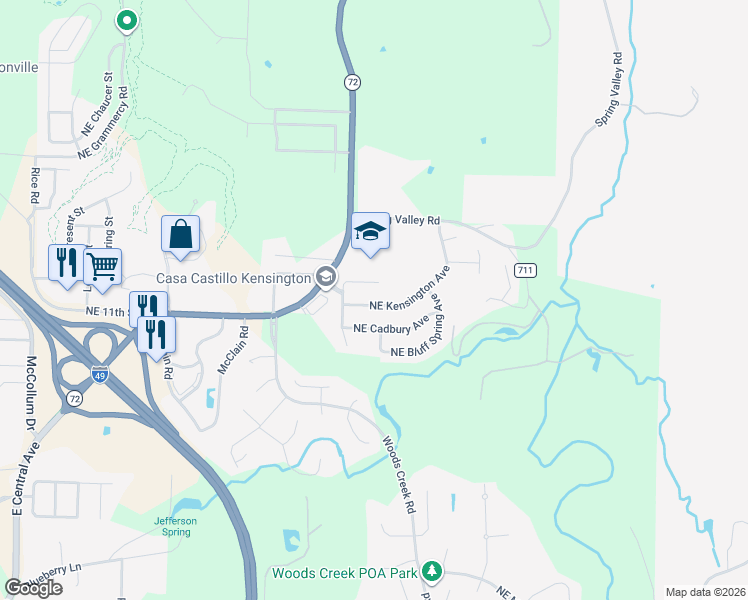 map of restaurants, bars, coffee shops, grocery stores, and more near 3907 Northeast Kensington Avenue in Bentonville
