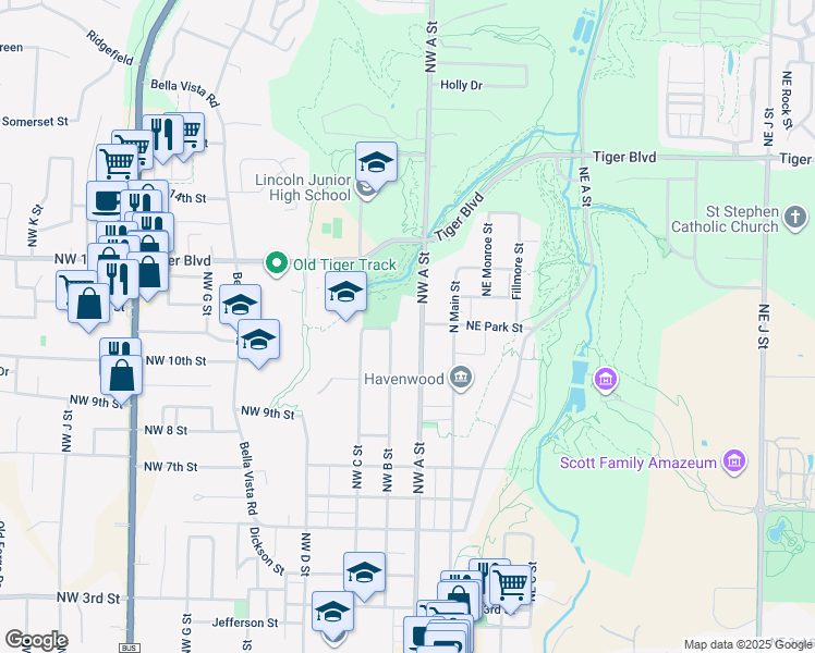map of restaurants, bars, coffee shops, grocery stores, and more near 912 Northwest B Street in Bentonville