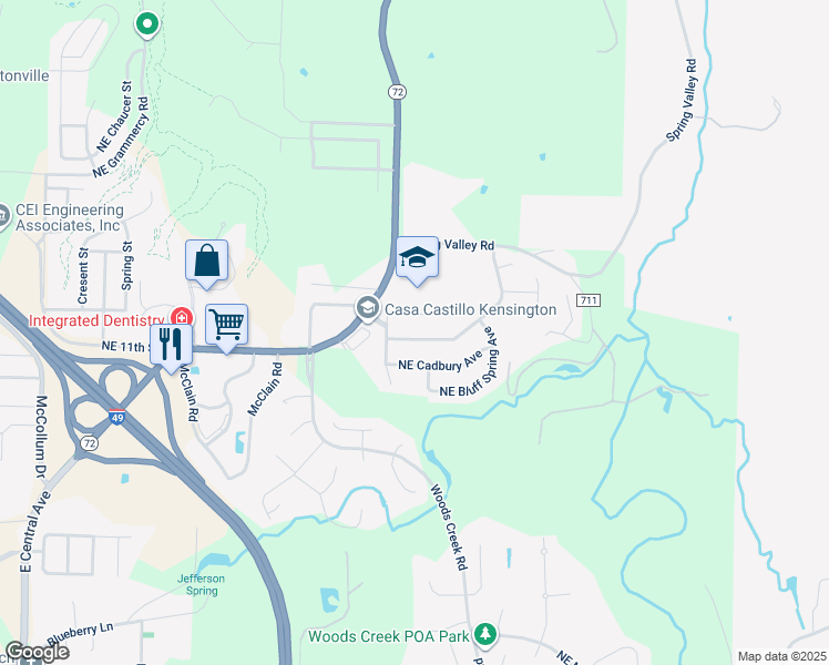 map of restaurants, bars, coffee shops, grocery stores, and more near 3907 Northeast Kensington Avenue in Bentonville