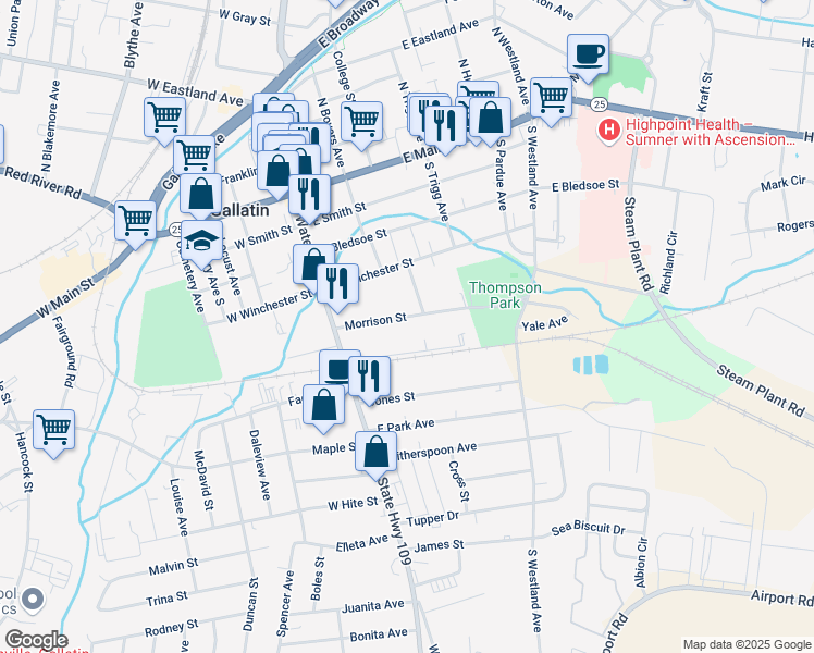 map of restaurants, bars, coffee shops, grocery stores, and more near 209 Morrison Street in Gallatin