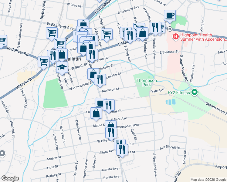 map of restaurants, bars, coffee shops, grocery stores, and more near 209 Morrison Street in Gallatin