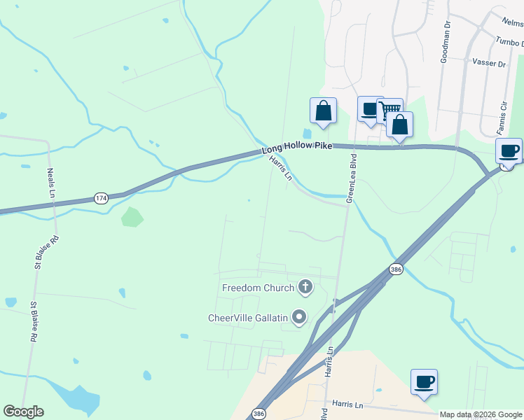 map of restaurants, bars, coffee shops, grocery stores, and more near 1303 Long Hollow Pike in Gallatin