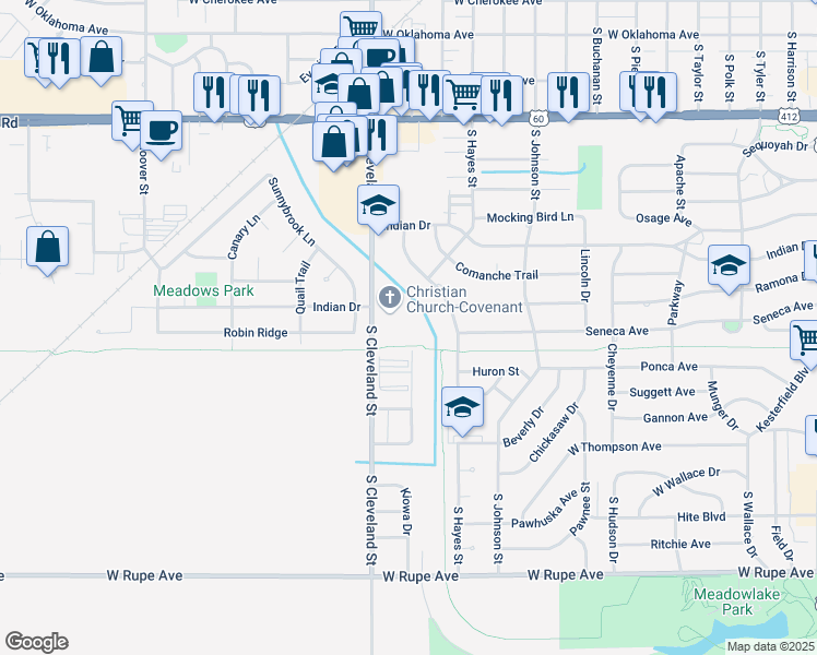 map of restaurants, bars, coffee shops, grocery stores, and more near 1225 South Cleveland Street in Enid