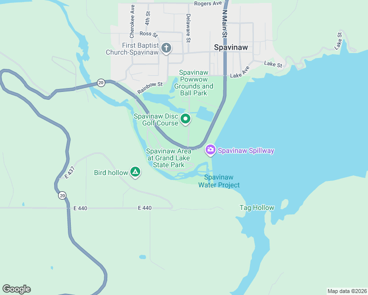 map of restaurants, bars, coffee shops, grocery stores, and more near 598 Main Street in Spavinaw