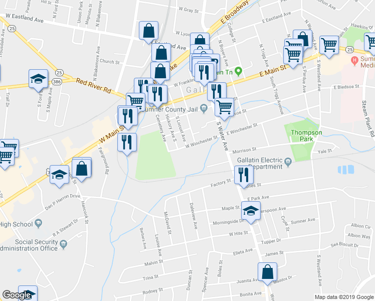 map of restaurants, bars, coffee shops, grocery stores, and more near 205 West Winchester Street in Gallatin