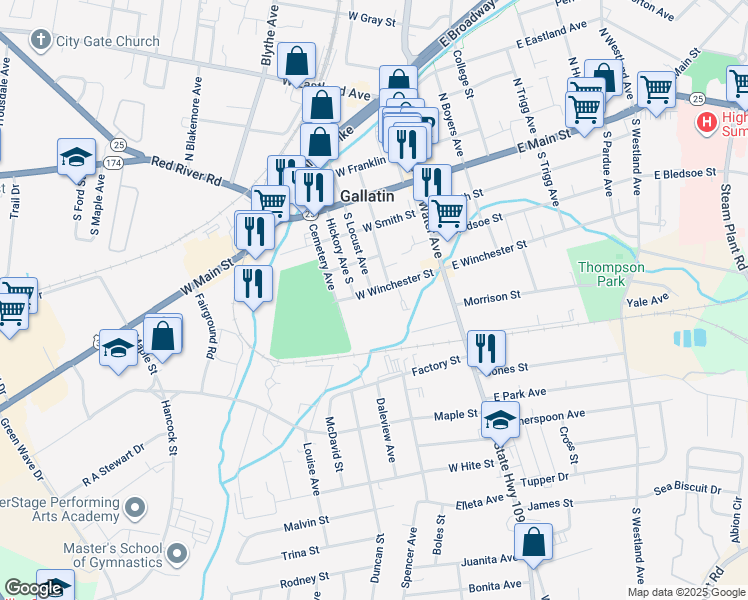 map of restaurants, bars, coffee shops, grocery stores, and more near 205 West Winchester Street in Gallatin