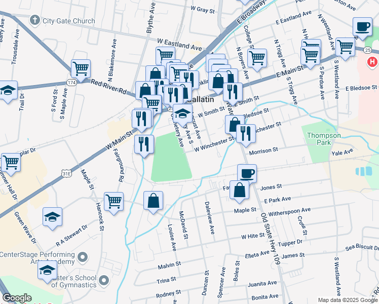 map of restaurants, bars, coffee shops, grocery stores, and more near 241 West Winchester Street in Gallatin