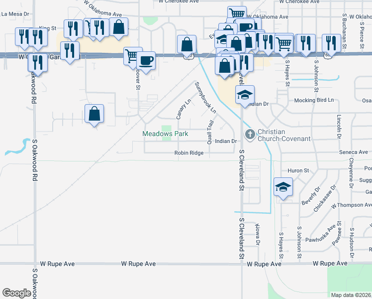 map of restaurants, bars, coffee shops, grocery stores, and more near 2601 Robin Ridge in Enid