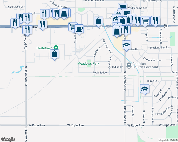 map of restaurants, bars, coffee shops, grocery stores, and more near 2706-2710 Robin Ridge in Enid