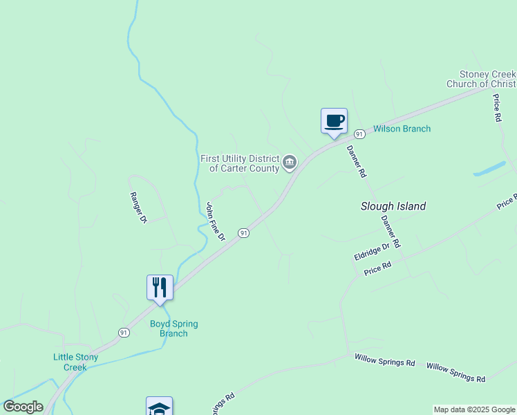 map of restaurants, bars, coffee shops, grocery stores, and more near Robinson Lane in Hunter