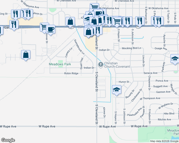 map of restaurants, bars, coffee shops, grocery stores, and more near 2414 Robin Ridge in Enid