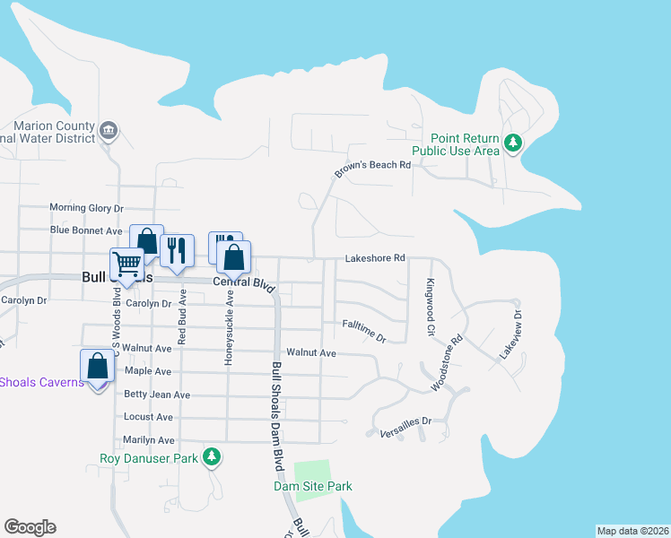 map of restaurants, bars, coffee shops, grocery stores, and more near 110 Winterview Drive in Bull Shoals