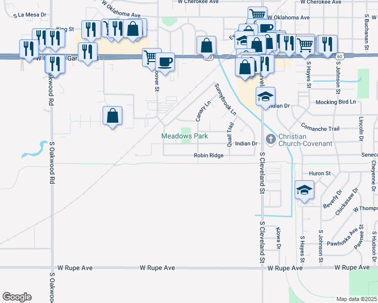 map of restaurants, bars, coffee shops, grocery stores, and more near 2710 Robin Ridge in Enid