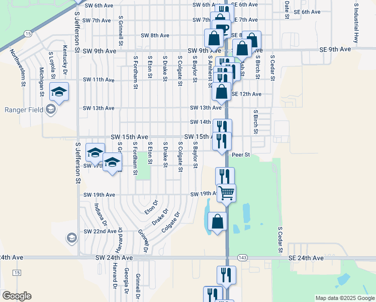 map of restaurants, bars, coffee shops, grocery stores, and more near 251 Southwest 16th Avenue in Perryton