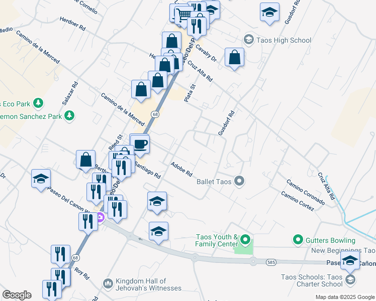map of restaurants, bars, coffee shops, grocery stores, and more near 210 Holly Cir in Taos