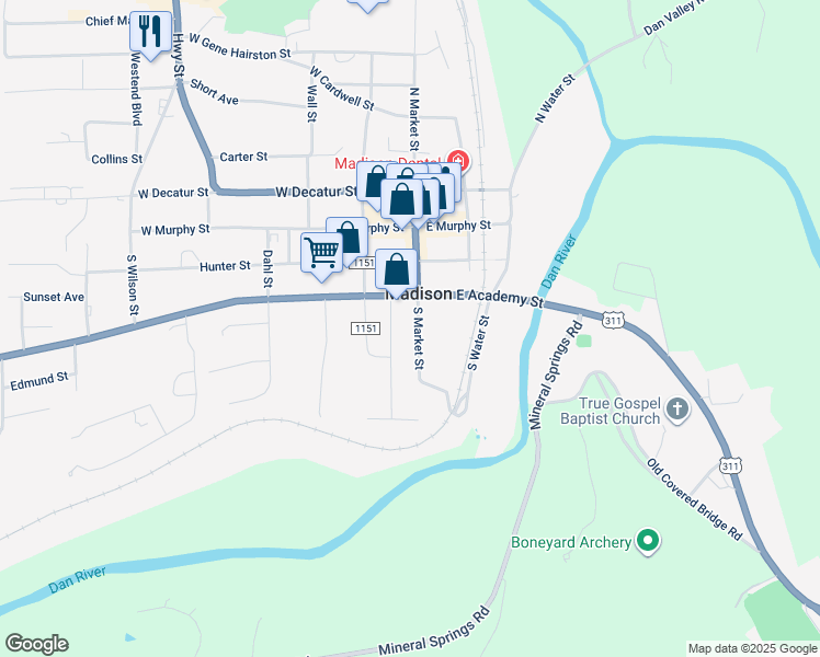 map of restaurants, bars, coffee shops, grocery stores, and more near 312 South Market Street in Madison