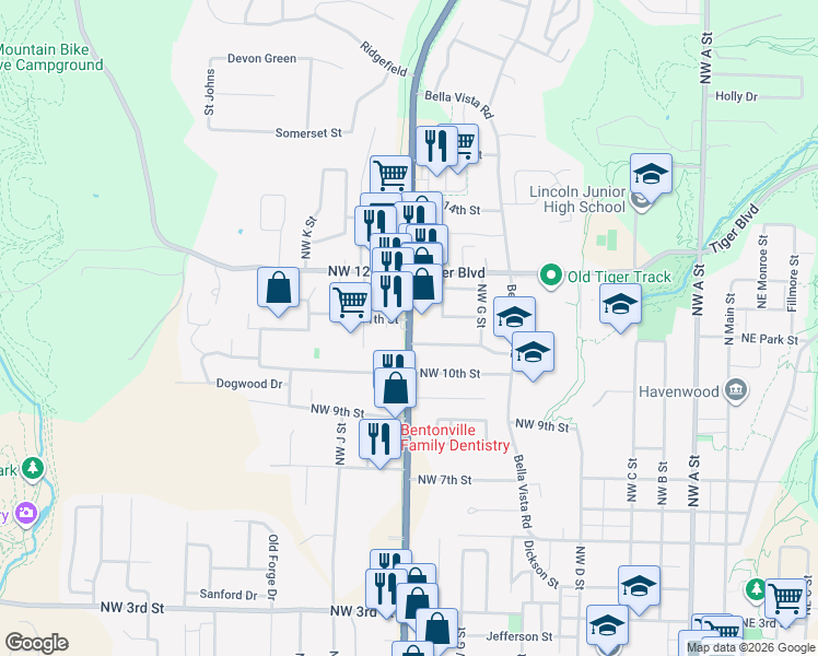map of restaurants, bars, coffee shops, grocery stores, and more near 1128 North Walton Boulevard in Bentonville