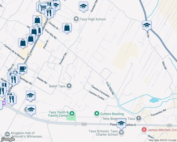 map of restaurants, bars, coffee shops, grocery stores, and more near Ledesma Ln in Taos