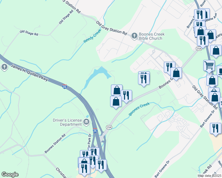 map of restaurants, bars, coffee shops, grocery stores, and more near 133 Boone Ridge Drive in Johnson City