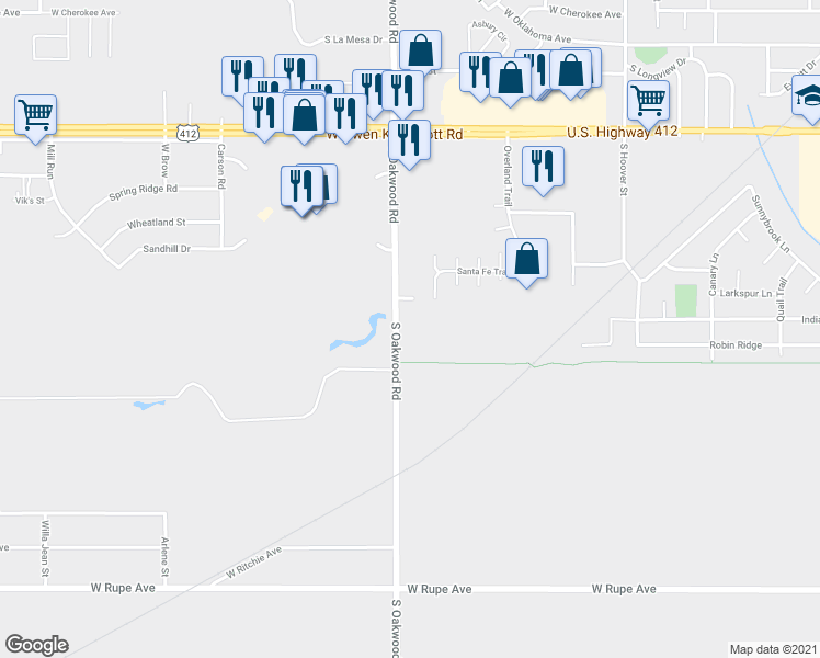 map of restaurants, bars, coffee shops, grocery stores, and more near 1117 South Oakwood Road in Enid