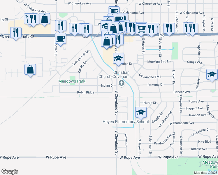 map of restaurants, bars, coffee shops, grocery stores, and more near 2407 Indian Drive in Enid