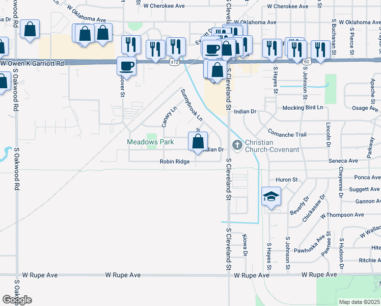 map of restaurants, bars, coffee shops, grocery stores, and more near 2501 Robin Ridge in Enid