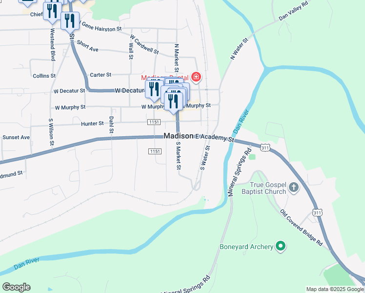map of restaurants, bars, coffee shops, grocery stores, and more near 307 South Market Street in Madison