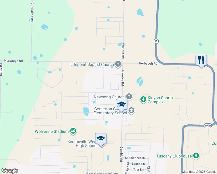 map of restaurants, bars, coffee shops, grocery stores, and more near 1750 Sunrise Circle in Centerton