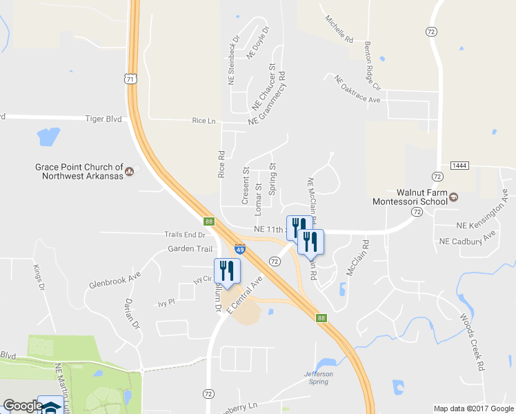 map of restaurants, bars, coffee shops, grocery stores, and more near 1201 Lomar Street in Bentonville
