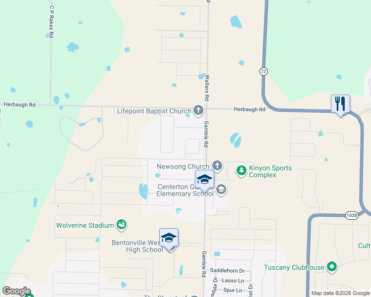 map of restaurants, bars, coffee shops, grocery stores, and more near 940 Sunset Lane in Centerton