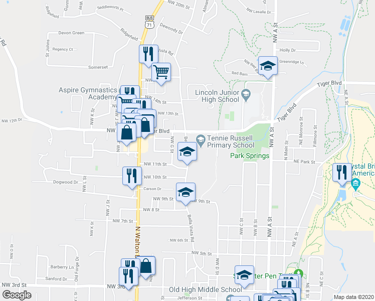 map of restaurants, bars, coffee shops, grocery stores, and more near 1142-1198 Bella Vista Rd in Bentonville