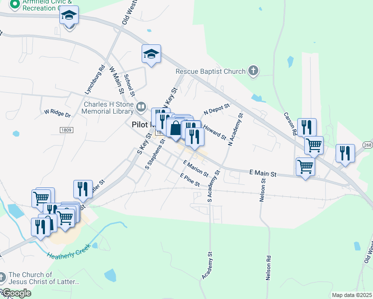 map of restaurants, bars, coffee shops, grocery stores, and more near 100 East Main Street in Pilot Mountain