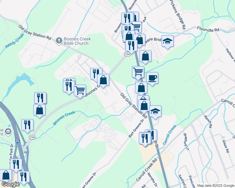 map of restaurants, bars, coffee shops, grocery stores, and more near 1736 Old Gray Station Road in Johnson City