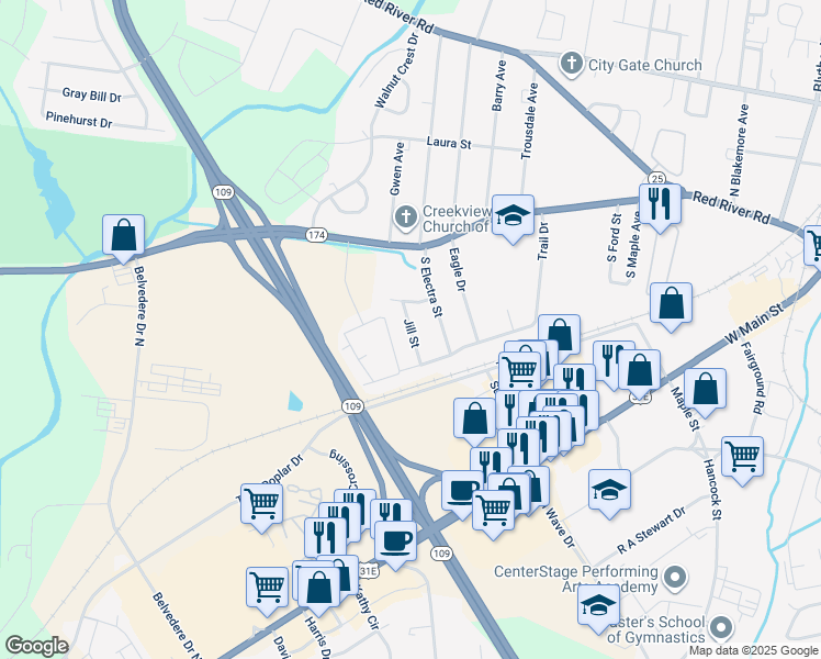 map of restaurants, bars, coffee shops, grocery stores, and more near 122 Jill Street in Gallatin