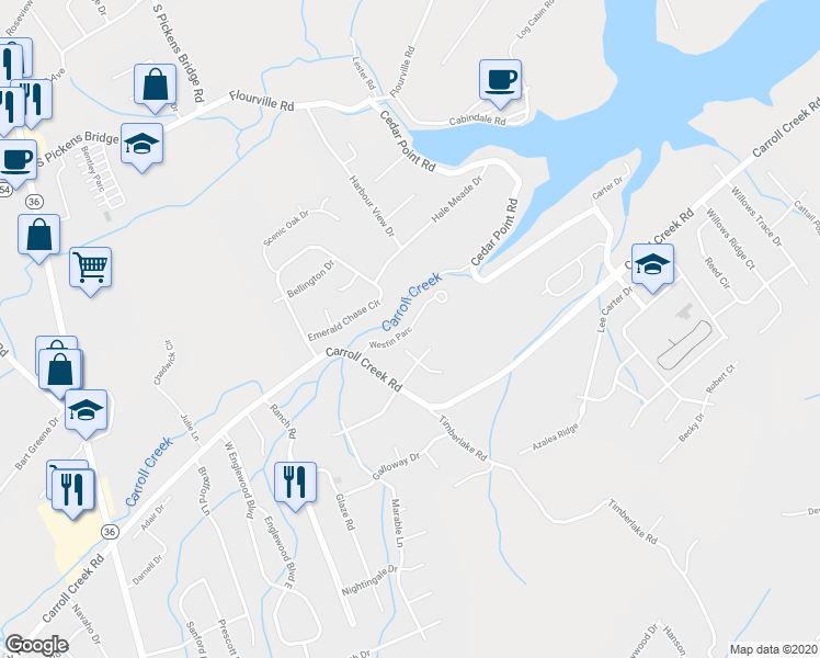 map of restaurants, bars, coffee shops, grocery stores, and more near 101 Westin Parc in Johnson City