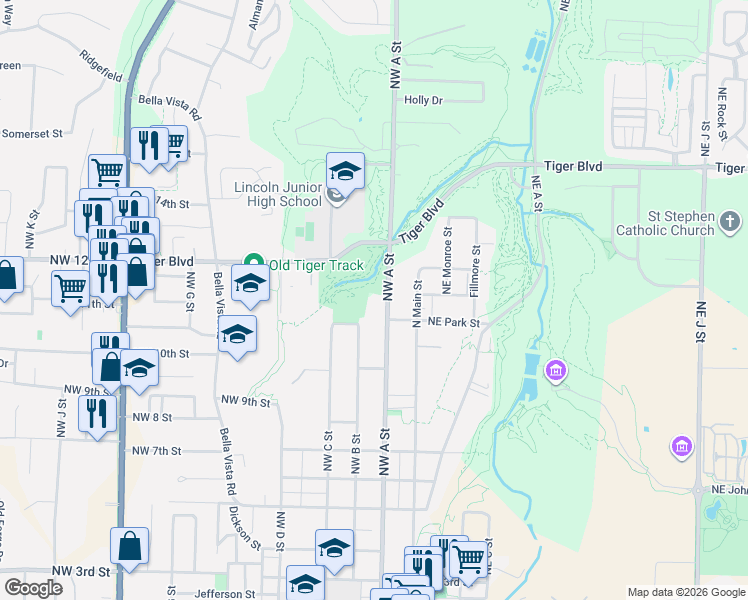map of restaurants, bars, coffee shops, grocery stores, and more near 1005 Northwest A Street in Bentonville