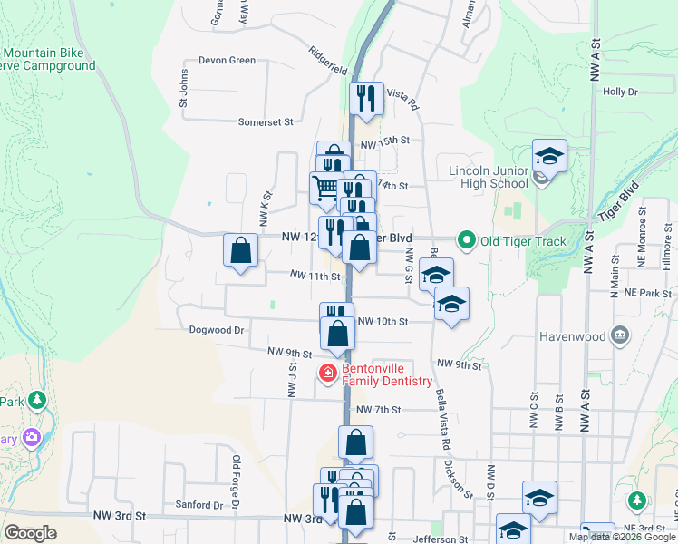 map of restaurants, bars, coffee shops, grocery stores, and more near 1128 North Walton Boulevard in Bentonville