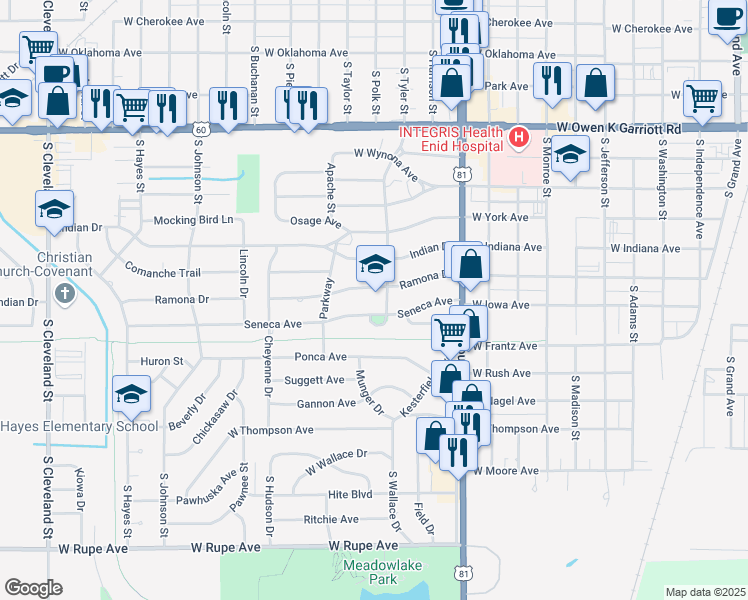 map of restaurants, bars, coffee shops, grocery stores, and more near 1002 Sequoyah Drive in Enid