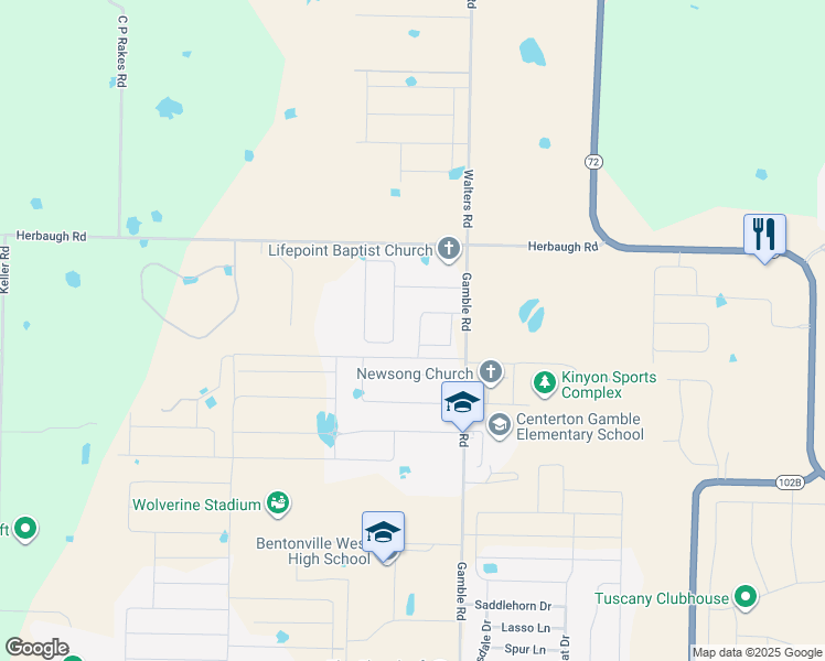 map of restaurants, bars, coffee shops, grocery stores, and more near 1721 Sunrise Circle in Centerton