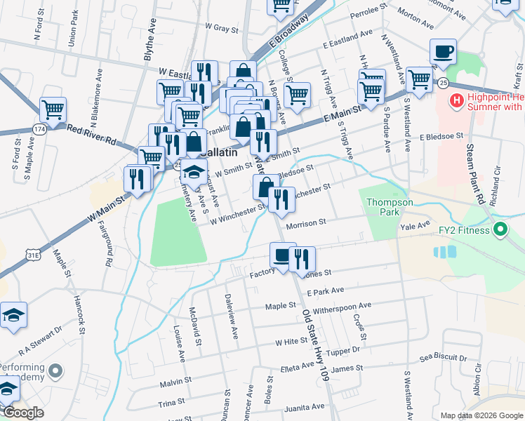 map of restaurants, bars, coffee shops, grocery stores, and more near 135 East Bledsoe Street in Gallatin