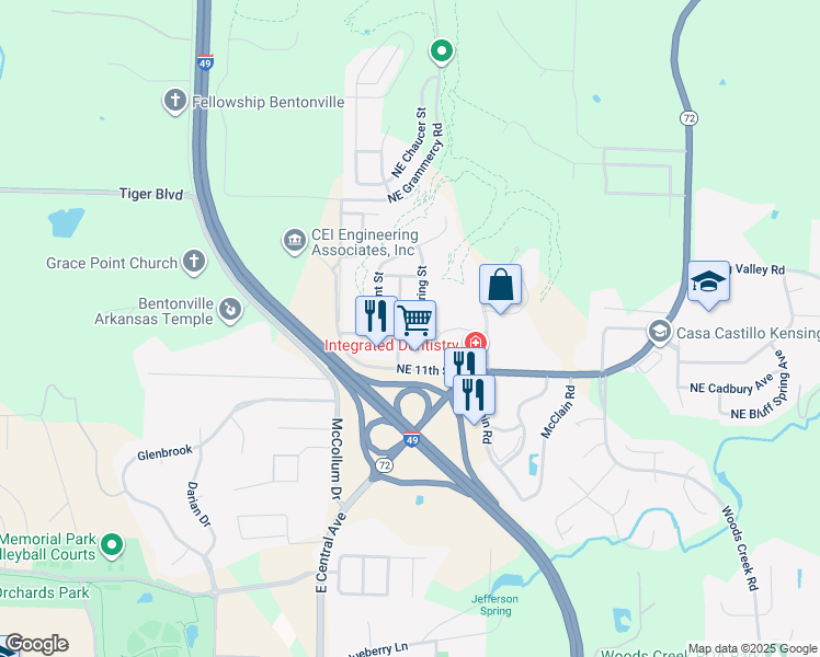 map of restaurants, bars, coffee shops, grocery stores, and more near 1207 Lo Mar Street in Bentonville