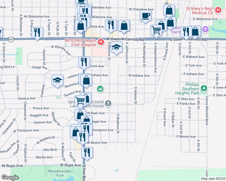 map of restaurants, bars, coffee shops, grocery stores, and more near 601 West Illinois Avenue in Enid